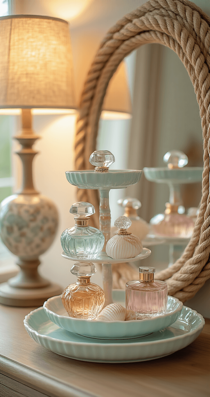 Coastal Granddaughter Dorm Room: Your Ultimate Styling Guide A close-up of a dresser top styled in late afternoon light, featuring a three-tiered pastel ceramic tray with vintage perfume bottles and shell collections, alongside a round mirror with rope detailing reflecting warm light from a nearby lamp.
