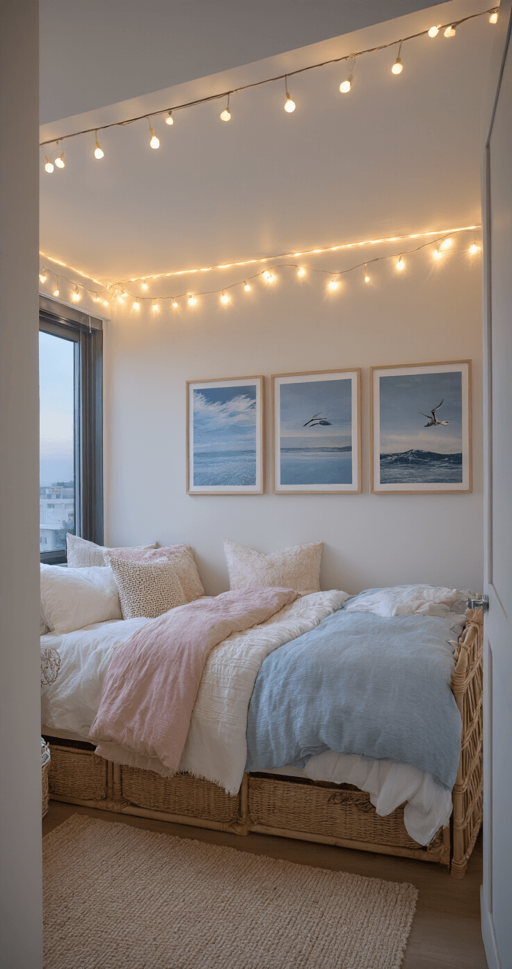 Coastal Granddaughter Dorm Room: Your Ultimate Styling Guide A cozy dorm room at twilight featuring a neatly made bed with white, blush, and pale blue textiles, coastal prints above, and softly glowing string lights along the ceiling, with rattan and woven accents throughout.