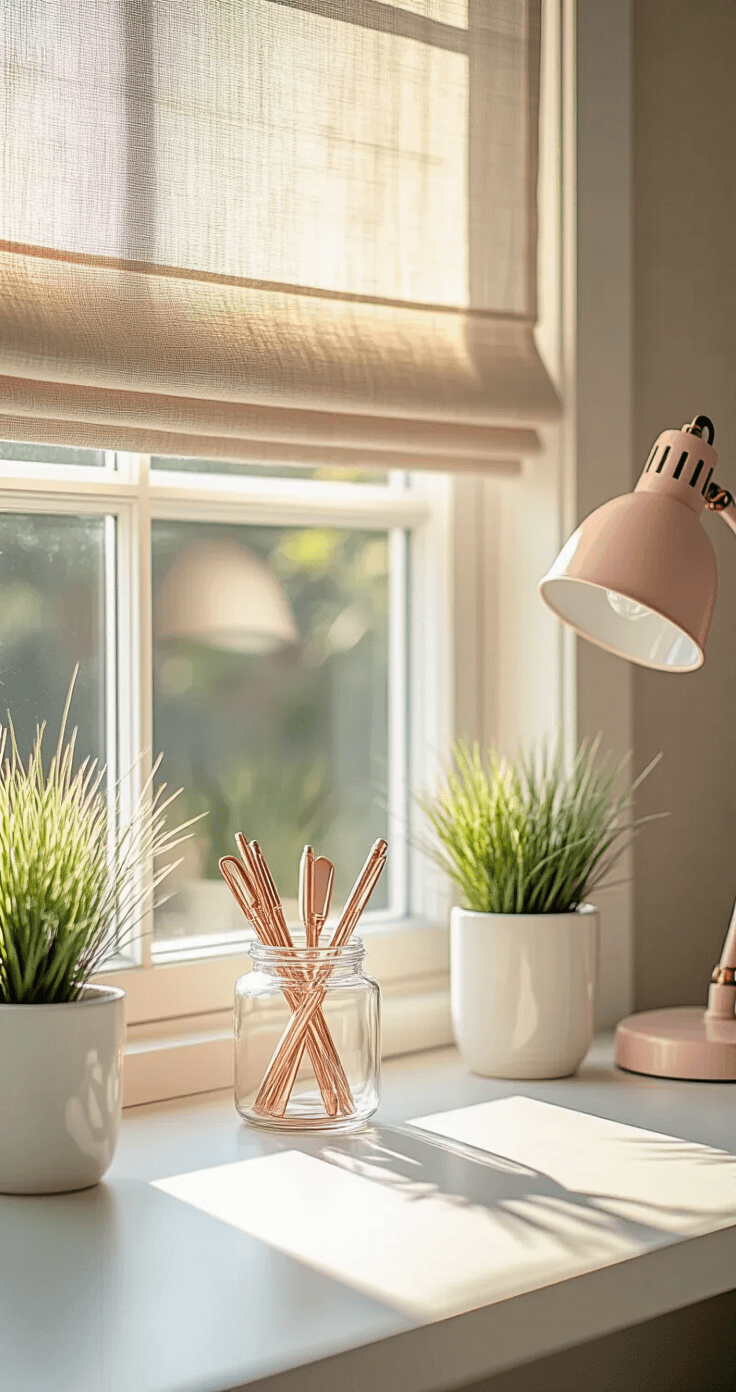 Coastal Granddaughter Dorm Room: Your Ultimate Styling Guide Close-up of a stylish study area featuring a white desk with rose gold office supplies in clear glass containers, small potted coastal grasses, and a pale pink task lamp, all bathed in soft morning light filtered through a textured roman shade.