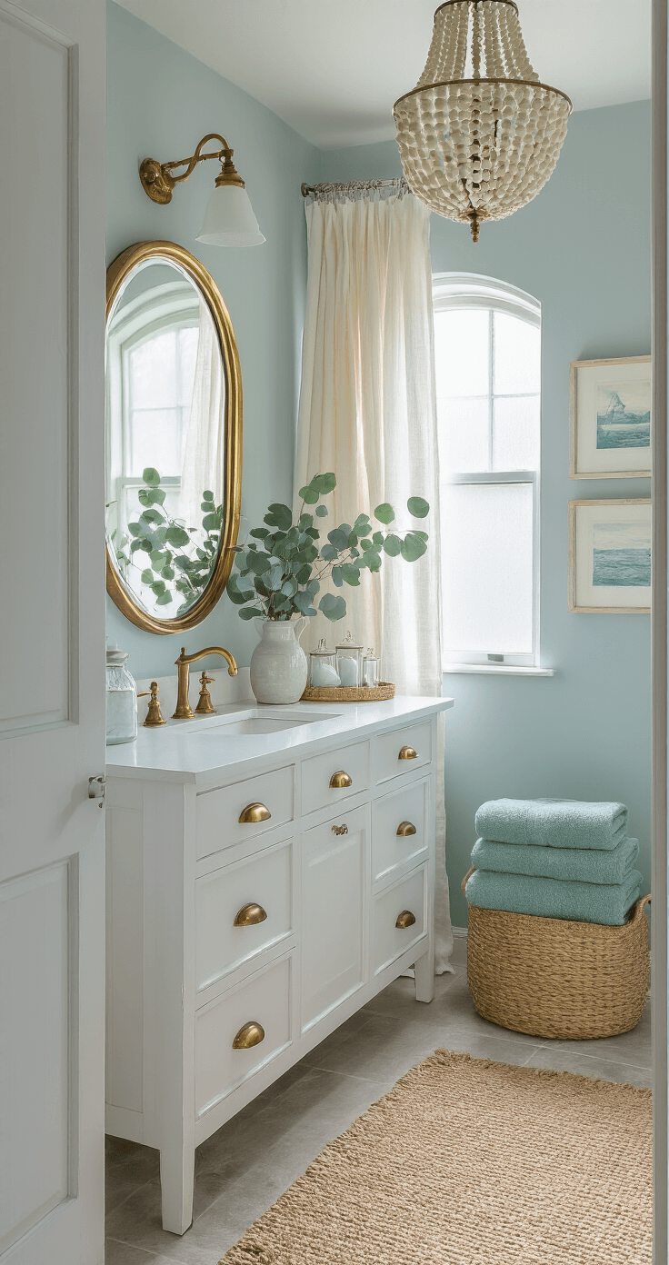Bright and airy bathroom featuring a whitewashed wood vanity with brass hardware, pale blue-grey walls, and an arched brass mirror reflecting morning light, accented by a beaded chandelier, natural jute rug, ivory linen shower curtain, and seafoam green Turkish towels, with vintage glass canisters and eucalyptus branches for styling.