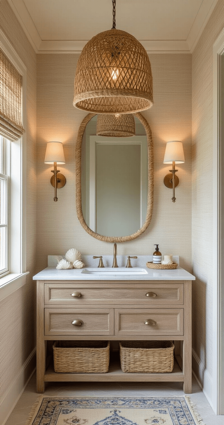 A low-angle view of a coastal bathroom featuring a driftwood-finished freestanding vanity, sandy beige textured wallpaper, and a woven rattan pendant light casting shadows. Vintage brass sconces flank an oval mirror with rope detail, while shell-inspired pastel accessories accent the marble countertop. The scene includes woven basket storage, linen window treatments, and a faded blue vintage Persian runner, captured at golden hour in a moody ambiance.
