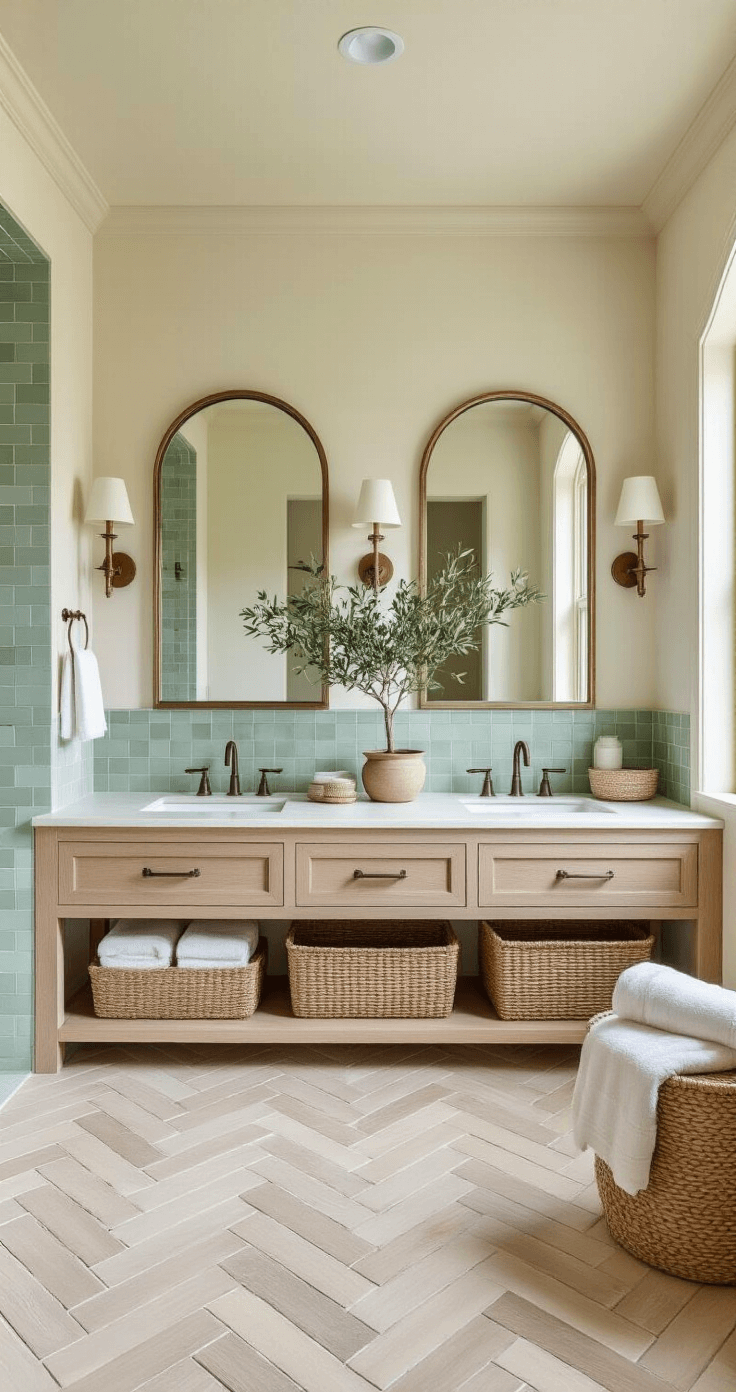 Overhead shot of a master bathroom featuring a herringbone marble floor, double vanity in bleached oak, dual arched mirrors with brass sconces, a center island with woven baskets and vintage glass vessels, and soft white walls contrasted by seafoam green accent tiles, enhanced by natural elements like a potted olive tree and rolled organic towels.