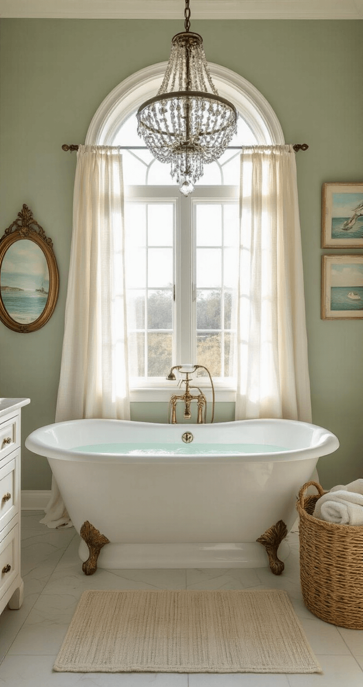 A wide shot of a bathroom at dawn, featuring a tall arched window with sheer linen panels framing a creamy white freestanding clawfoot tub, illuminated by a vintage chandelier that casts prismatic light. The soft grey-green walls complement weathered wood, while antique brass decor and coastal art enhance the styling.