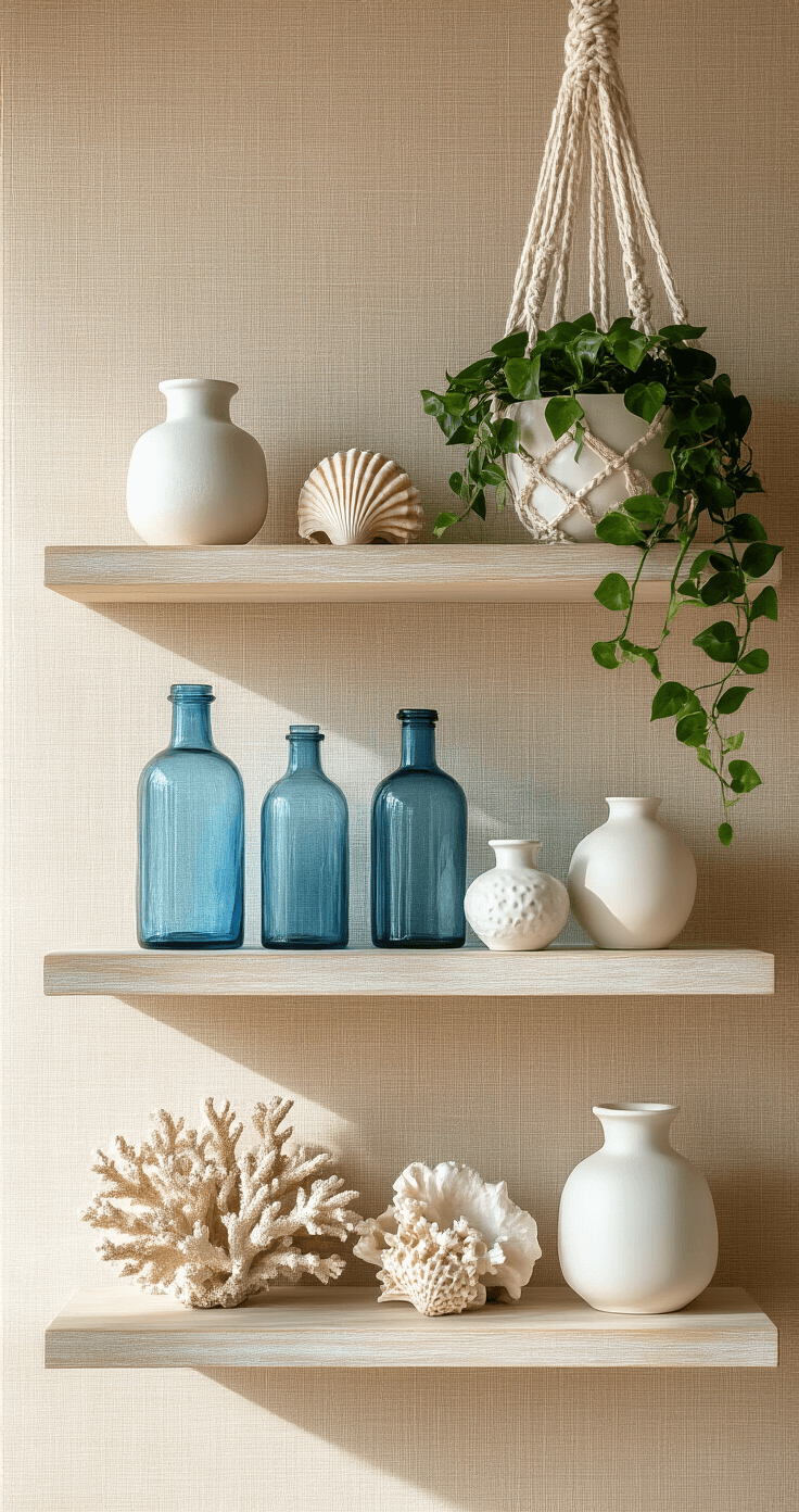 Detail-focused shot of a coastal-inspired shelving vignette featuring vintage blue glass bottles, white ceramic vessels, and natural elements like coral and shells against a warm sand-toned grasscloth wallpaper, with a macramé plant hanger displaying trailing ivy.