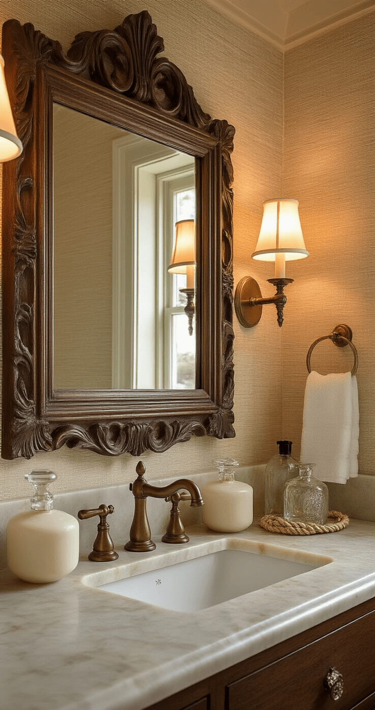 Moody bathroom scene featuring rich textures with warm ivory grass cloth wallpaper, a carved wood mirror frame, and vintage brass hardware. The marble countertop is styled with alabaster containers and etched glass perfume bottles, illuminated by soft uplighting from wall sconces, casting dramatic shadows in a cinematic golden hour ambiance.