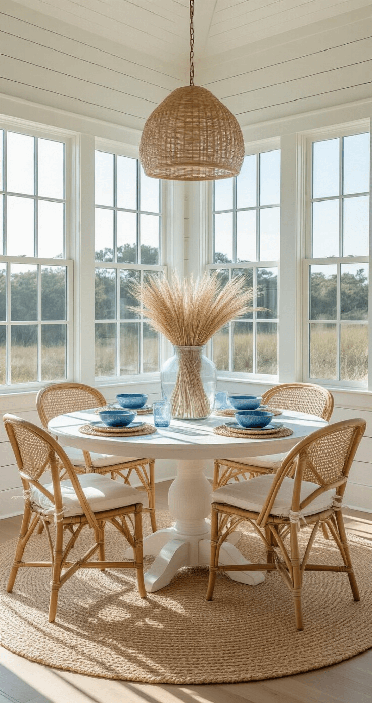 A bright coastal kitchen with shiplap walls, featuring a round oak table surrounded by rattan chairs, illuminated by golden morning light from bay windows, adorned with beach grass in a vase and blue ceramic bowls.