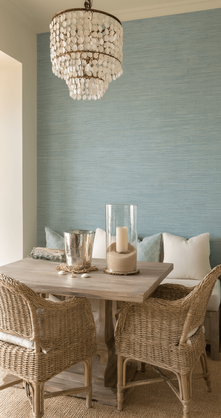 A compact dining space featuring pale blue grasscloth wallpaper, a distressed teak square table with four woven seagrass chairs, and a centerpiece of a mercury glass hurricane candle. Warm golden hour light enhances the intimate beach house ambiance, complemented by a shimmering capiz shell chandelier.
