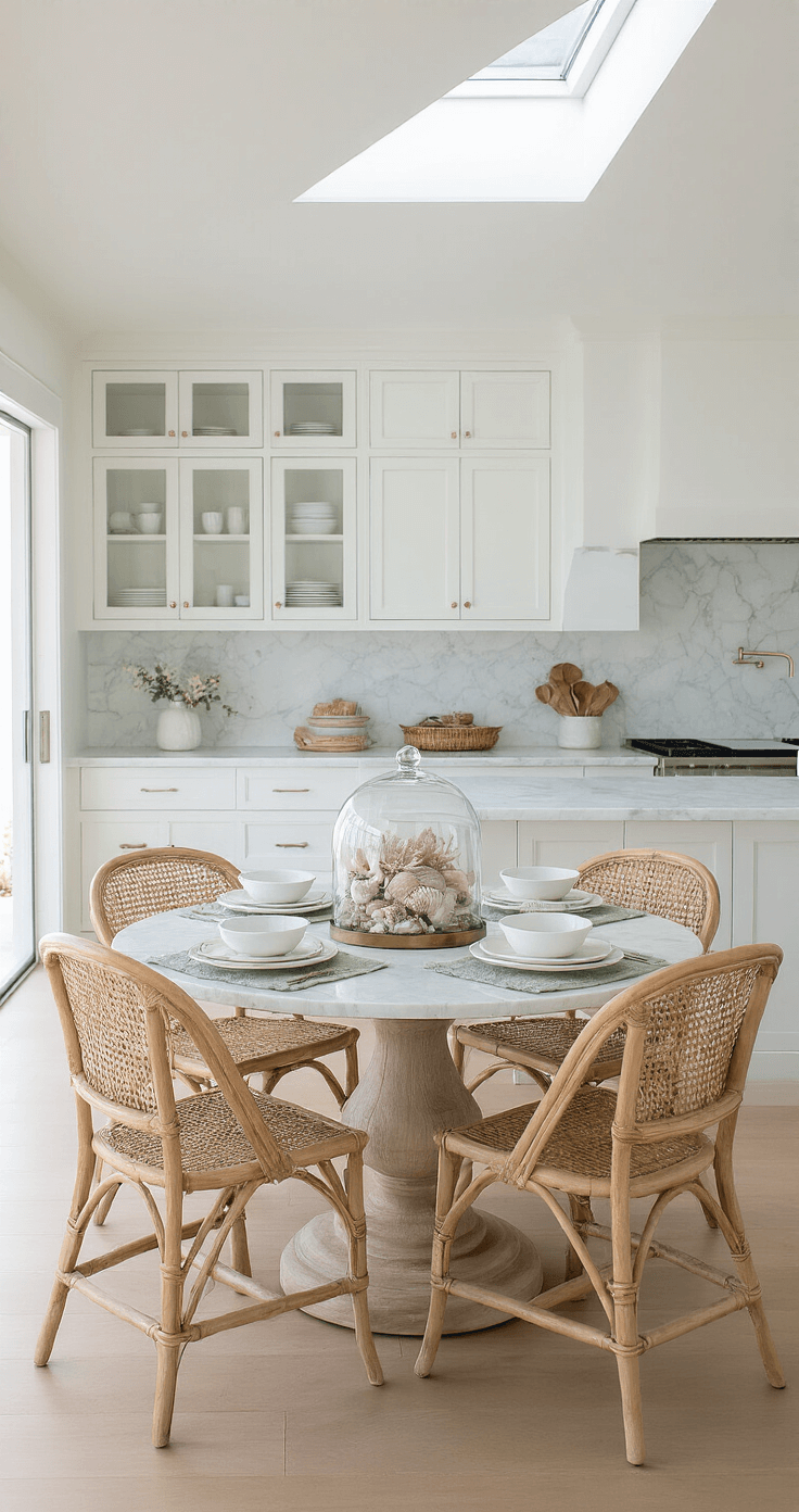 Modern coastal kitchen featuring marble countertops, white cabinetry, and abundant natural light from a skylight. The centerpiece is a round light cerused oak table set with four rattan-backed chairs, adorned with a glass cloche filled with shells and coral, layered with water hyacinth placemats and sea foam green linen runners. Contemporary beach sophistication ambiance.