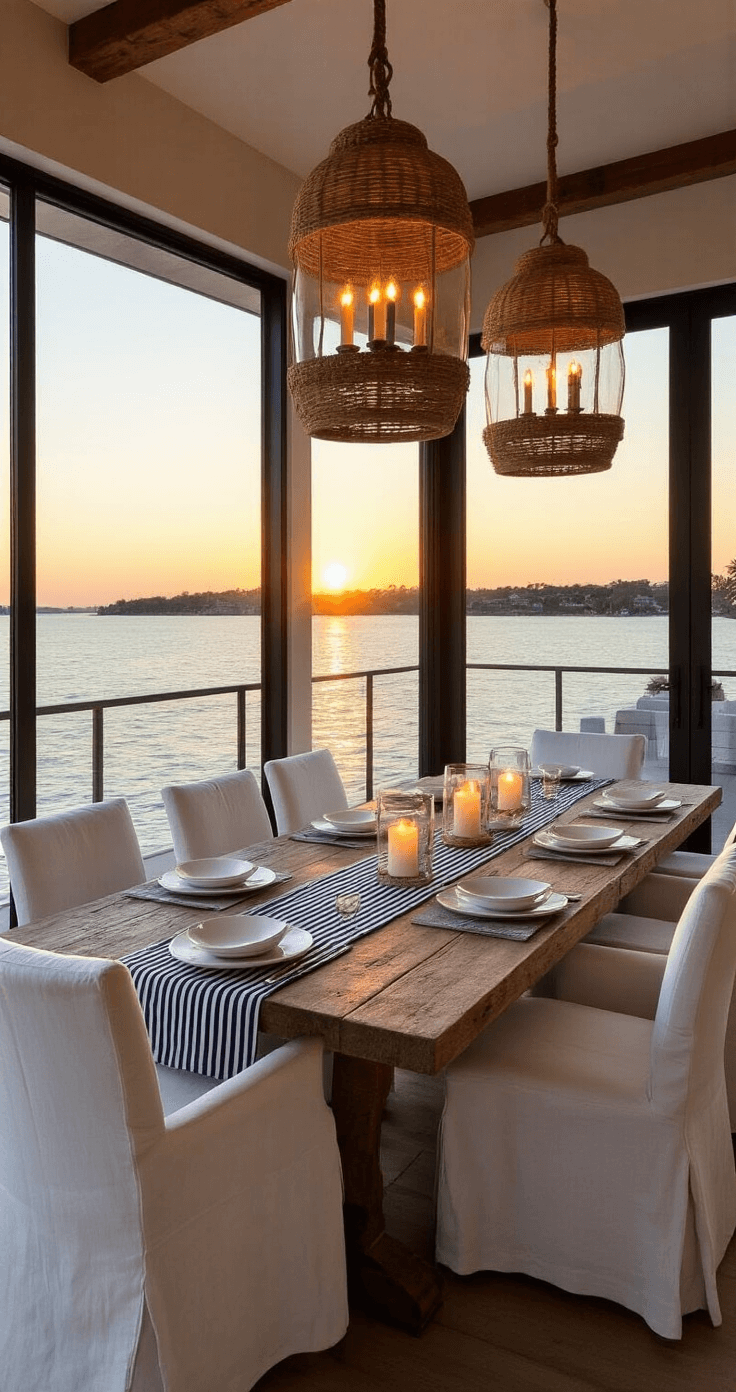 A spacious sunset-lit dining area featuring floor-to-ceiling windows with a water view, a rectangular reclaimed wood table surrounded by six white slip-covered chairs, and three oversized glass lanterns with candles, all adorned with a navy and white striped runner and natural fiber placemats, capturing the elegance of golden hour light.