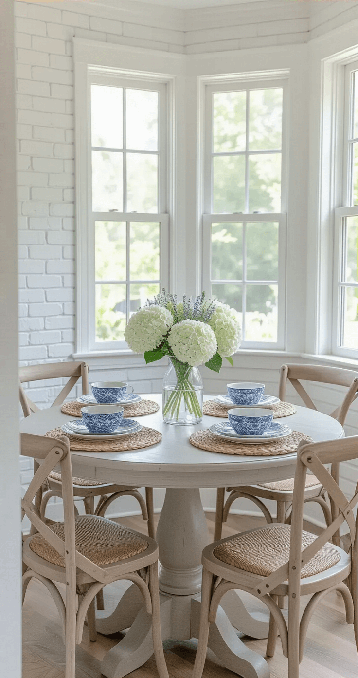 Bright coastal breakfast area featuring a weathered gray bistro table surrounded by distressed white cross-back chairs, accented by a white brick wall and bay window, illuminated by morning light. The table is styled with woven chargers, blue and white ceramic plates, casual linen napkins, and a glass vase filled with white hydrangeas and sea lavender, captured in a close-up with a soft background blur.