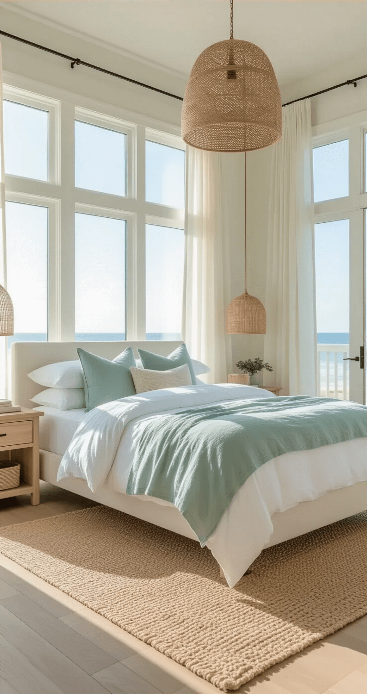 A serene coastal bedroom featuring a low-profile white linen bed, bleached oak nightstands, and layered textures including a chunky jute rug and gauzy white curtains, bathed in soft morning light from floor-to-ceiling windows. Color palette includes ivory, driftwood gray, pale aqua, and sand.
