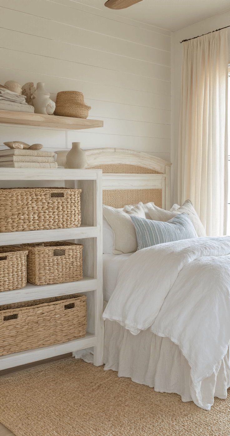 Corner view of a coastal bedroom featuring a weathered white wooden bed frame with a cane headboard, set against a shiplap wall. Natural light filters through sheer linen drapes, illuminating woven seagrass baskets under floating shelves adorned with beach finds. The color palette includes warm whites, honey wood tones, soft beige, and muted blue-grays.