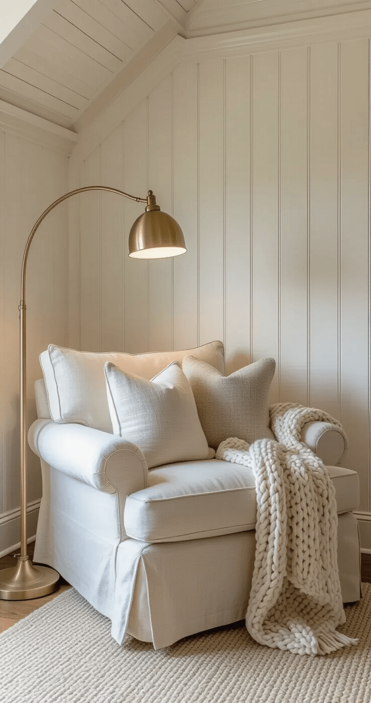 Intimate coastal bedroom sitting area at dusk featuring an oversized linen slipcovered armchair in a reading nook with white beadboard walls, warm light from a brushed brass floor lamp, a chunky knit throw, and textured neutral pillows, all captured from a low angle to highlight the ceiling height and architectural molding.