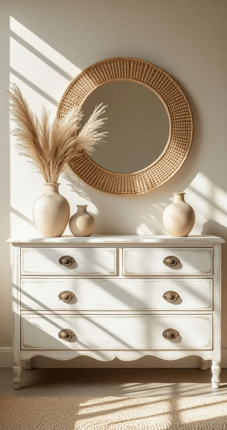 Sunlit coastal bedroom featuring a distressed white dresser adorned with a circular rattan mirror, ceramic vases, and dried pampas grass. Natural light creates dramatic shadows against textured grasscloth wallpaper. The image is a straight-on shot with a shallow depth of field, highlighting the styled surface in a palette of crisp white, natural rattan, soft greige, and pale blush.
