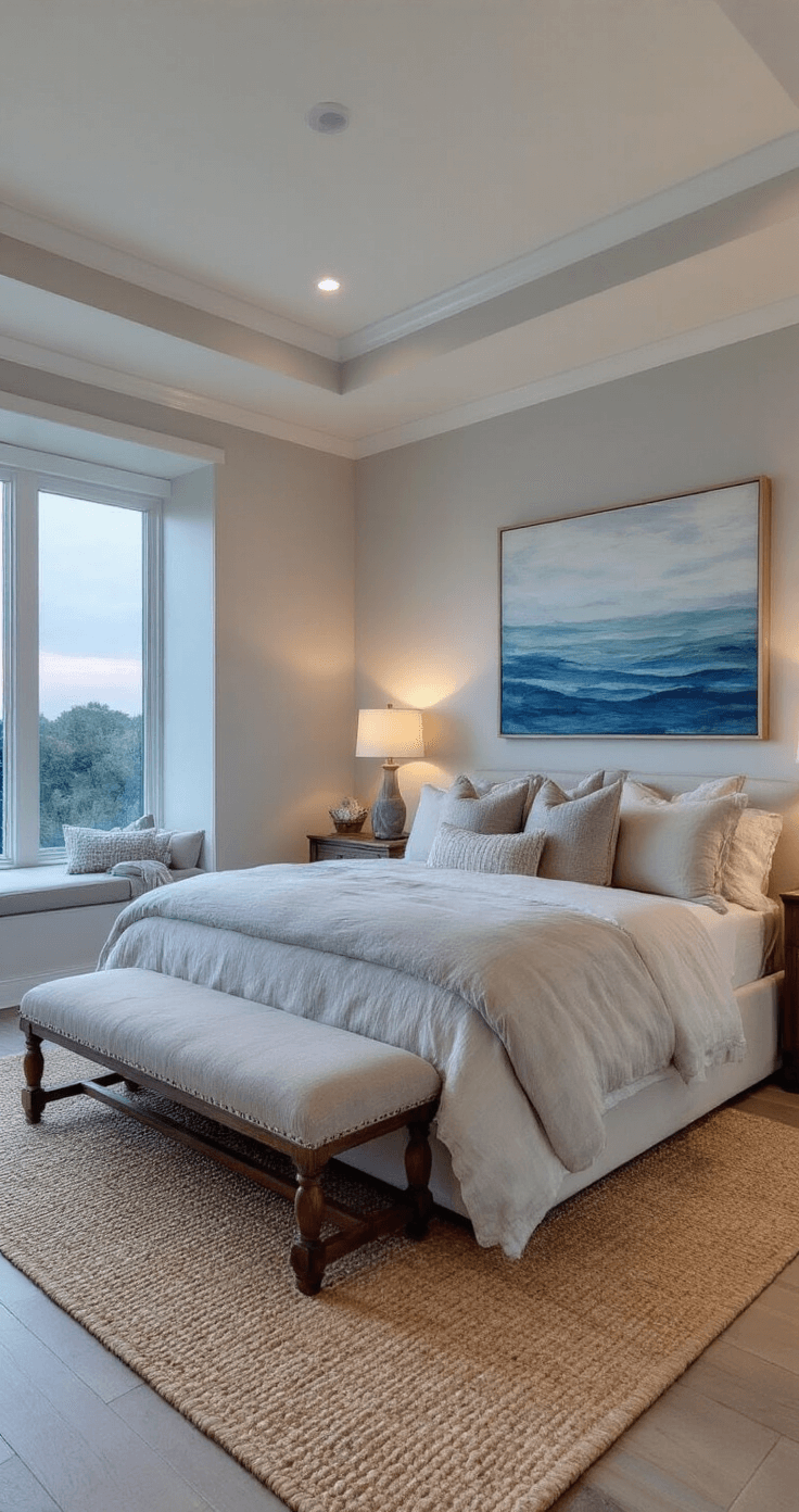 Coastal master bedroom at twilight featuring a king bed with rumpled linen and textured pillows, oversized abstract ocean art, a sisal rug, and an upholstered bench, captured from an elevated perspective with moody lighting.