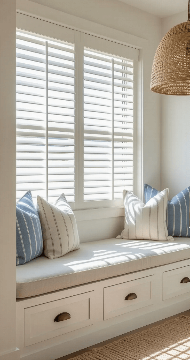 Minimalist coastal bedroom corner featuring a built-in window seat with storage drawers, adorned with linen cushions and striped pillows. Morning light casts geometric shadows through white wooden blinds, while a woven pendant light adds texture. The color palette includes bright white, coastal blue, dune beige, and weathered wood.
