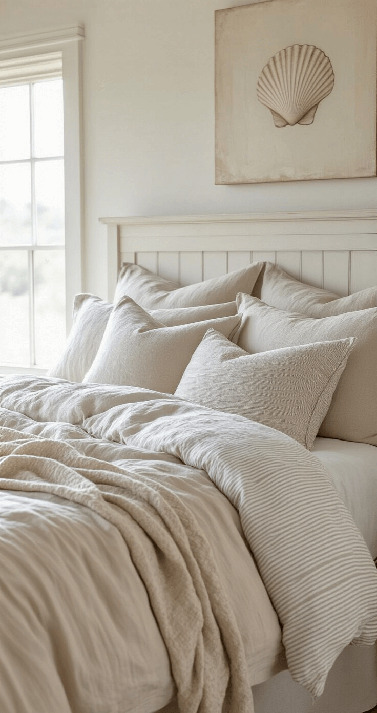 Detail shot of a coastal bedroom featuring unmade linen duvet in oatmeal, striped cotton sheets, and textured throw pillows, with a whitewashed headboard and shell artwork above, captured in soft afternoon light highlighting the textile textures.