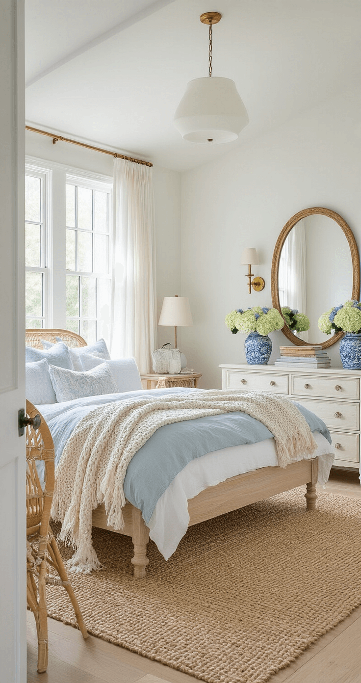 Bright coastal bedroom featuring large bay windows with sheer white curtains, a light oak platform bed adorned in cream and powder blue linens, a vintage rattan chair with a blush knit throw, and a natural jute rug, all illuminated by morning light.