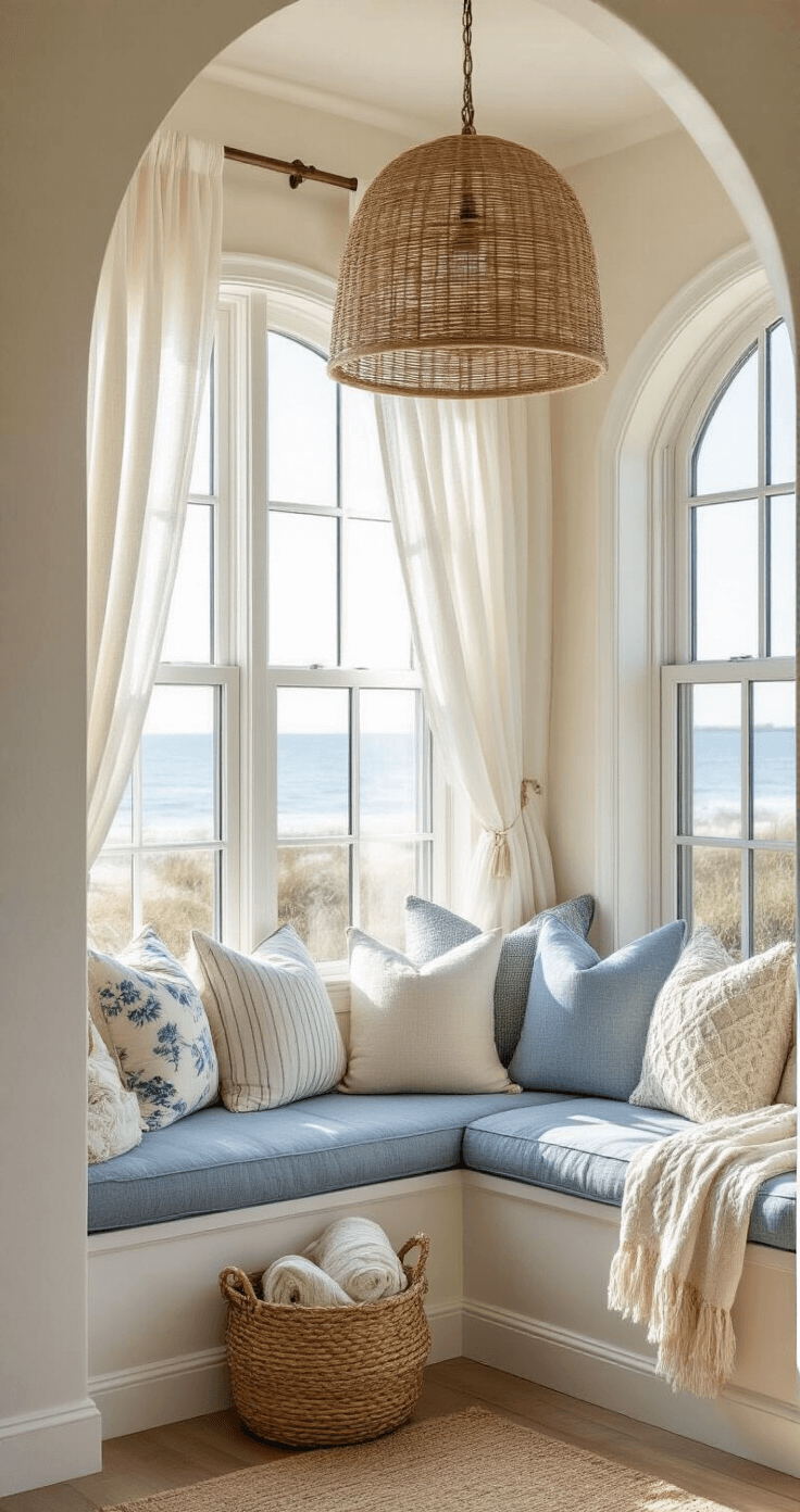 A cozy seaside nook in a 12x12ft bedroom featuring a built-in window seat with curved archway, adorned with coastal blue cushions and a variety of textured pillows. Late afternoon light filters through sheer white curtains, illuminating the rattan pendant light and creating gentle shadows, while a woven basket holds rolled throws beneath the window.