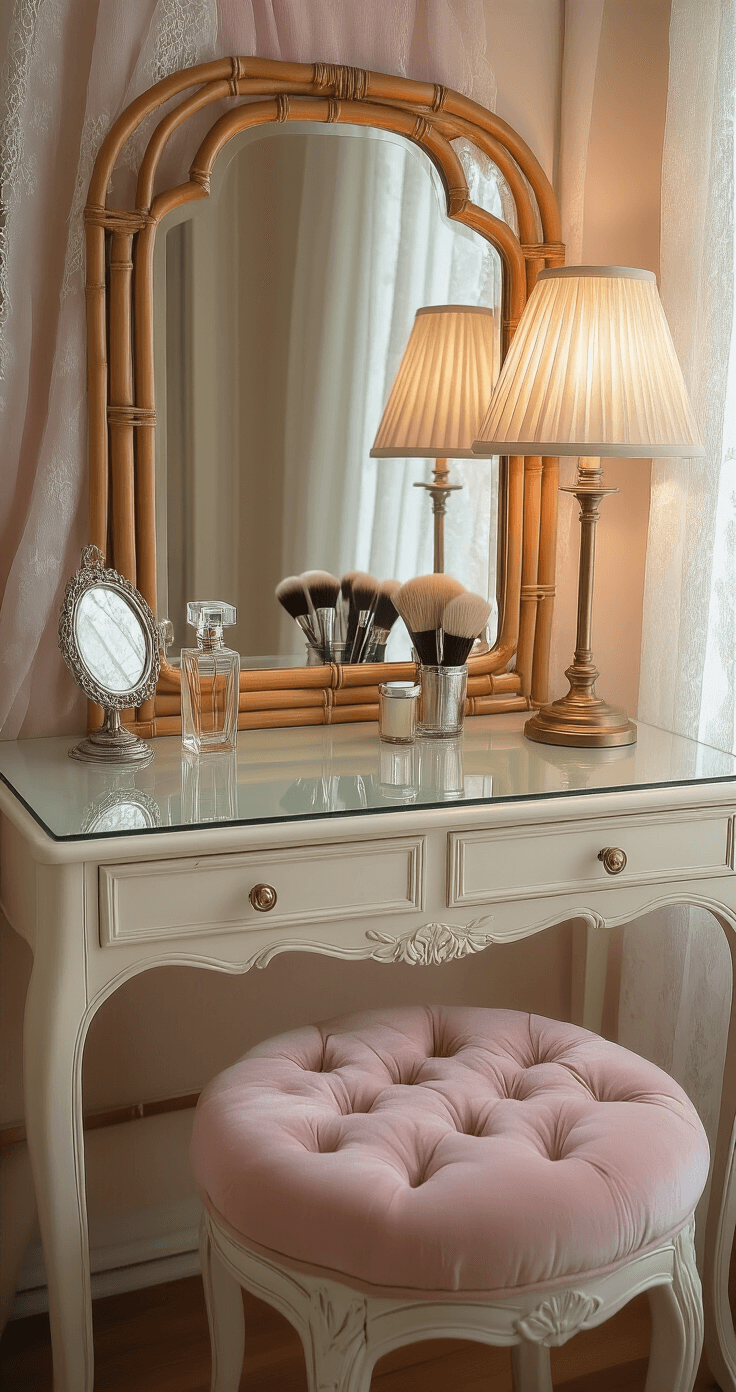 Vintage-inspired vanity scene featuring an antique glass-top vanity in creamy white with a bamboo-framed mirror, a brass lamp with silk shade, and an arrangement of perfume bottles and silver brushes, all bathed in soft morning light. A blush velvet tufted stool is tucked underneath, and delicate lace curtains filter the light, captured at a 45-degree angle with shallow depth of field.