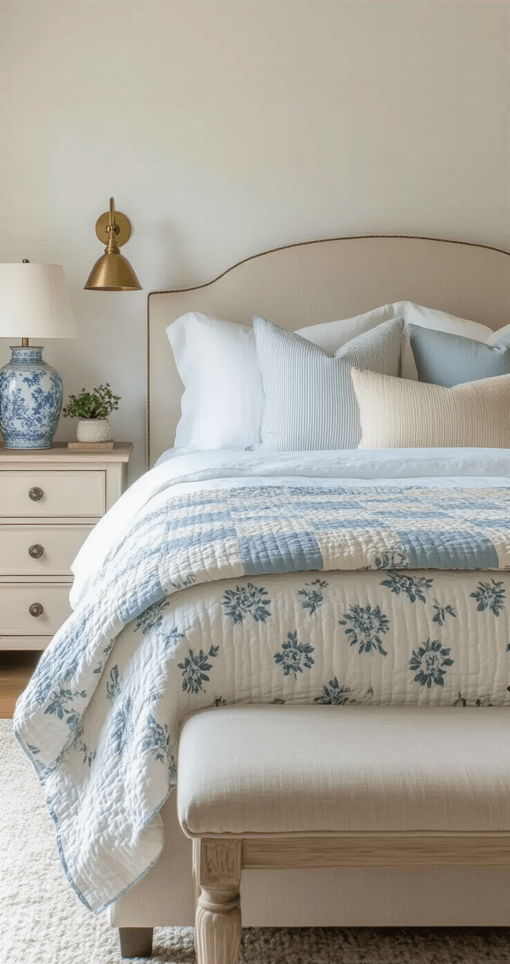 Close-up of a queen bed vignette in a master bedroom, featuring a white linen duvet, vintage pale blue quilt, and mixed-pattern European shams. Soft afternoon light casts gentle shadows on the bleached wood nightstands with brass reading lights and ceramic table lamps.