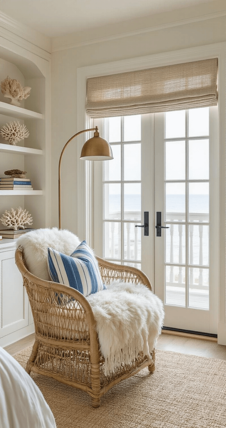 A cozy coastal reading corner in a bedroom, featuring an oversized cane chair with a sheepskin throw and striped pillow, bathed in morning light from French doors opening to a balcony. Floating shelves display coral and vintage books, while a brass floor lamp arches overhead and a natural fiber Roman shade filters the light.
