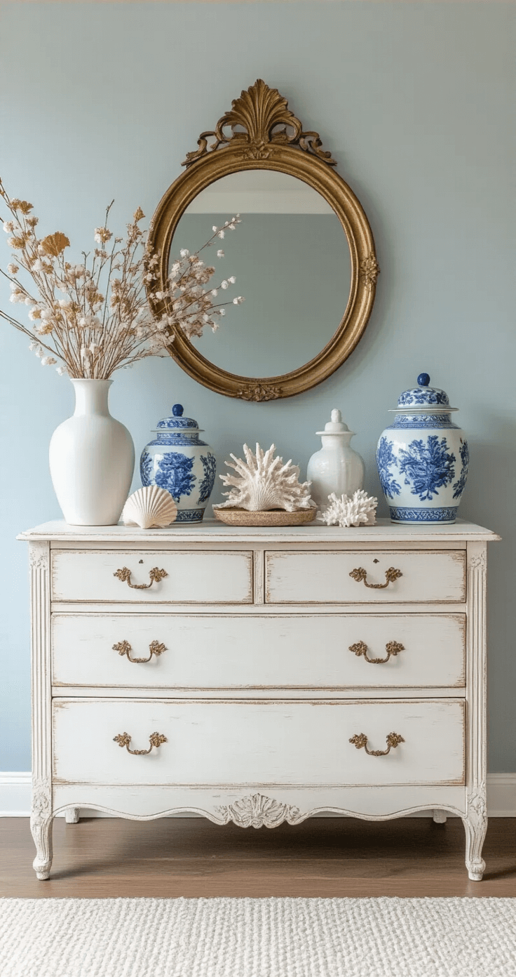 A weathered white dresser against a pale blue-gray wall, featuring asymmetrical arrangements of white ceramic vases with dried botanicals, a vintage brass mirror above, and scattered shell specimens and coral pieces, with blue and white ginger jars framing the display, captured in late morning light.