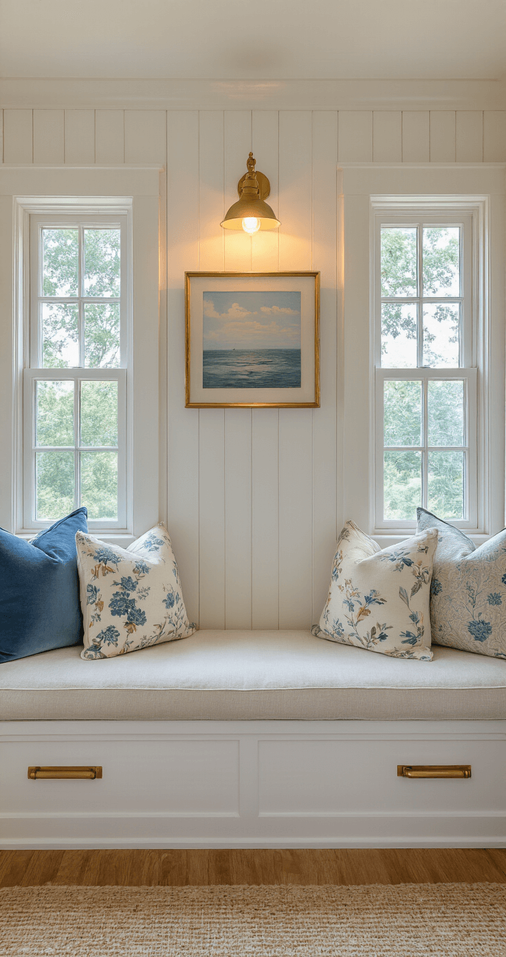 A cozy built-in window seat beneath double-hung windows, featuring white V-groove paneling, a thick natural linen cushion, and layered pillows in coastal colors of steel blue, cream, and vintage floral prints, bathed in golden hour light with a seascape artwork illuminated by a brass picture light above.