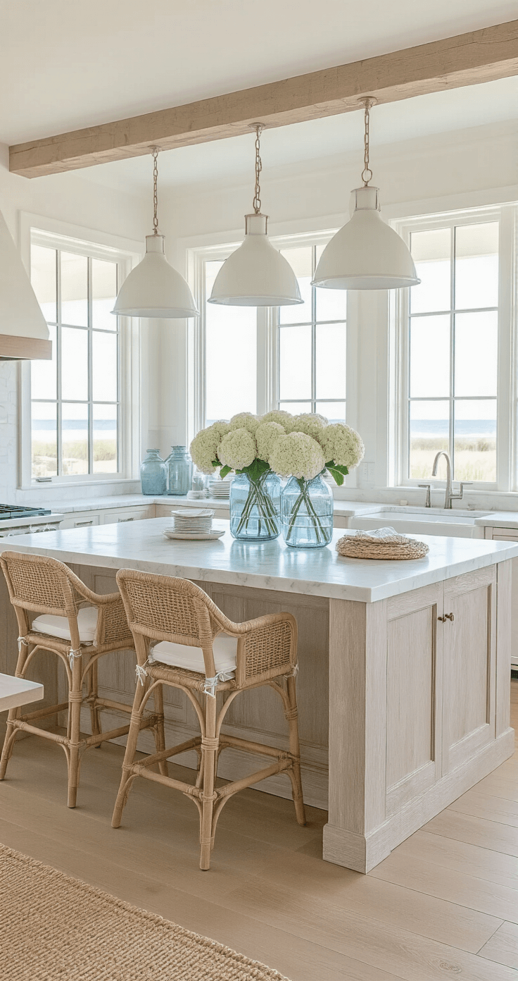 Coastal Kitchen Island: Your Ultimate Guide to Creating a Breezy, Inviting Space A bright coastal kitchen with a weathered white oak island, featuring rattan bar stools and Carrara marble top, bathed in morning light from large windows, with hand-scraped wooden floors and layered coastal decor.