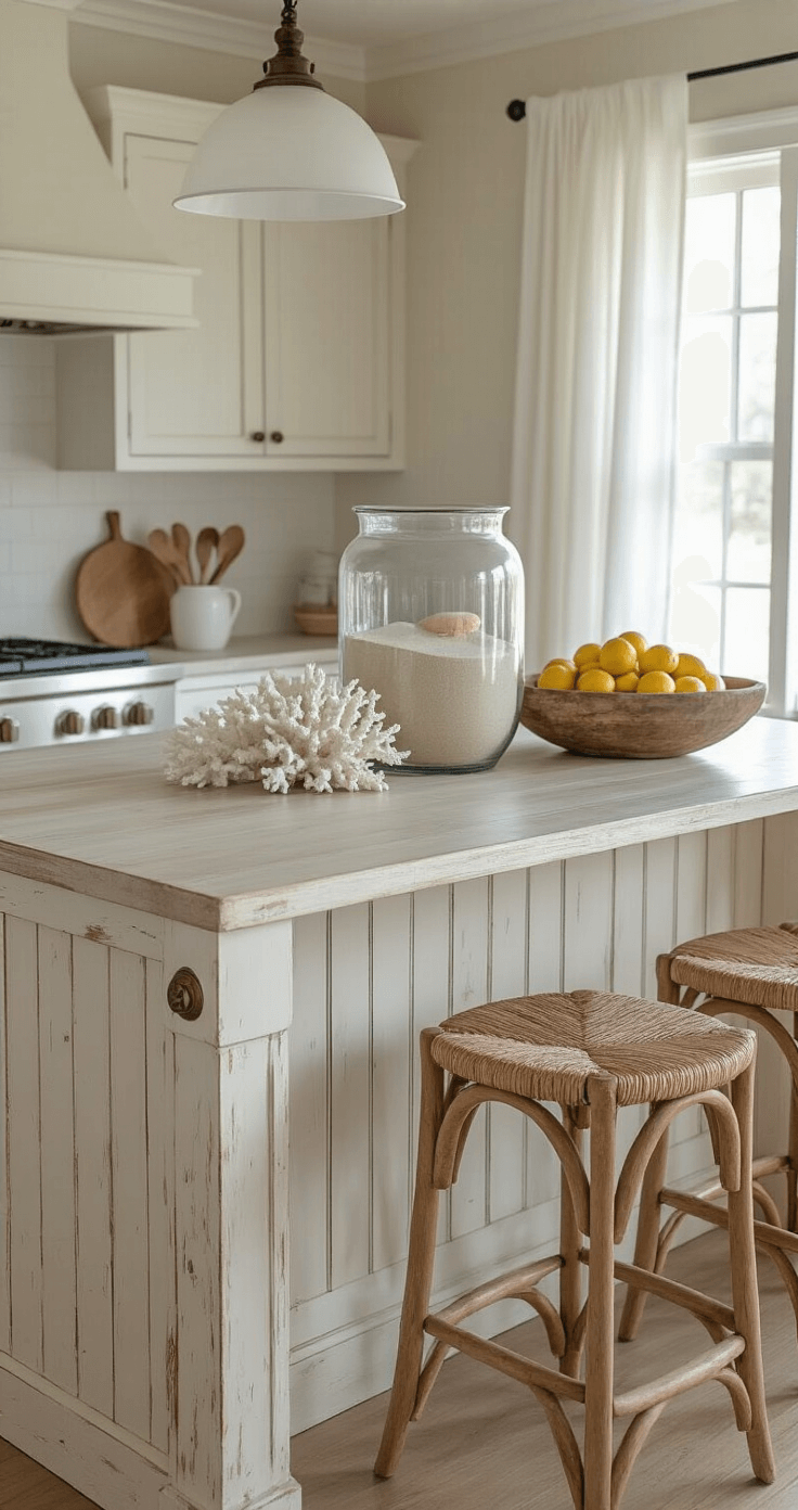 Coastal Kitchen Island: Your Ultimate Guide to Creating a Breezy, Inviting Space A cozy coastal kitchen featuring a distressed white island, weathered oak bar stools, and decorative elements like a glass hurricane with sand and shells, white coral, and a rustic bowl of lemons, all illuminated by soft natural light.