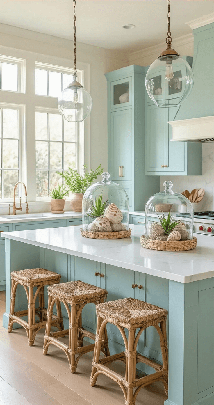 Coastal Kitchen Island: Your Ultimate Guide to Creating a Breezy, Inviting Space Bright kitchen with an 8ft aqua island, white granite top, and seagrass stools, featuring decor of glass cloches with shells and air plants, illuminated by soft morning light.