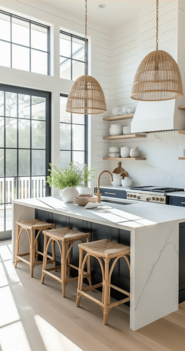 A spacious modern coastal kitchen featuring floor-to-ceiling windows, white shiplap walls, a massive cloud white quartz waterfall island, bleached oak floors, rattan pendant lights, matte navy lower cabinets, whitewashed upper shelving, subtle brass hardware, and thoughtfully arranged decor including white ceramics and fresh herbs, illuminated by morning light.