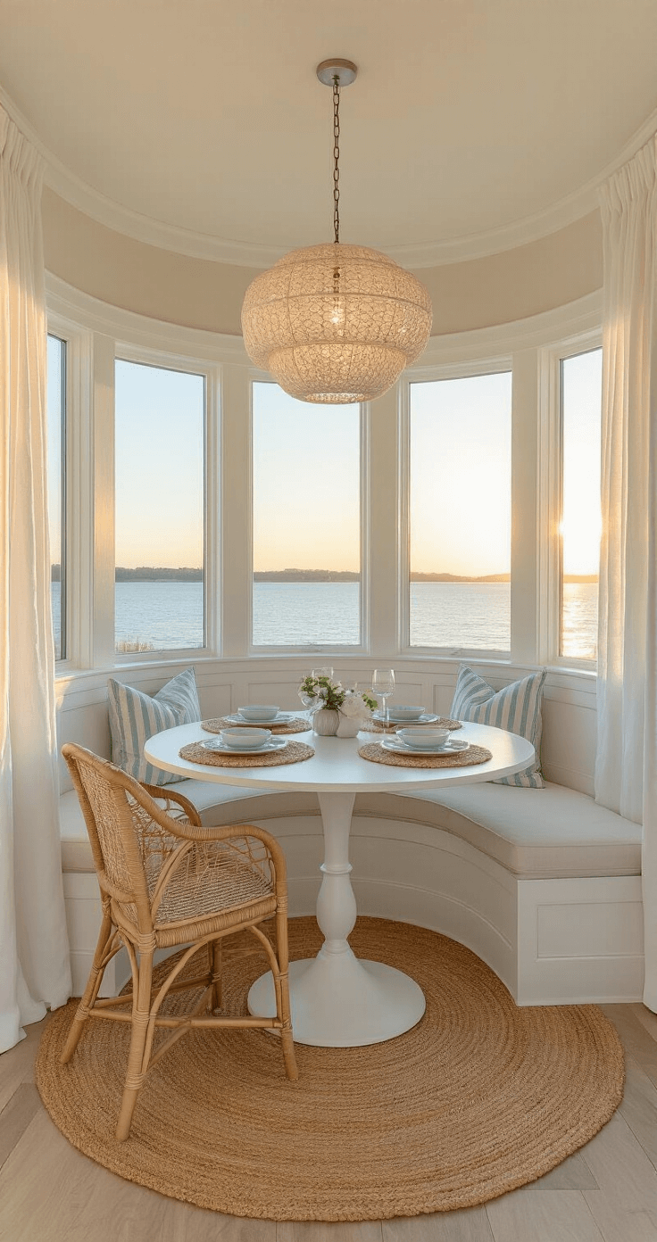 Intimate coastal kitchen breakfast nook featuring a curved bay window with a built-in white linen banquette, whitewashed round pedestal table on a vintage-wash seagrass rug, woven rattan chairs with ivory cushions, and a capiz shell chandelier glowing softly, all illuminated by golden hour light through gauzy white curtains, with natural jute placemats and blue-rimmed earthenware adding to the serene color palette of cream, sand, pale aqua, and silver sage.