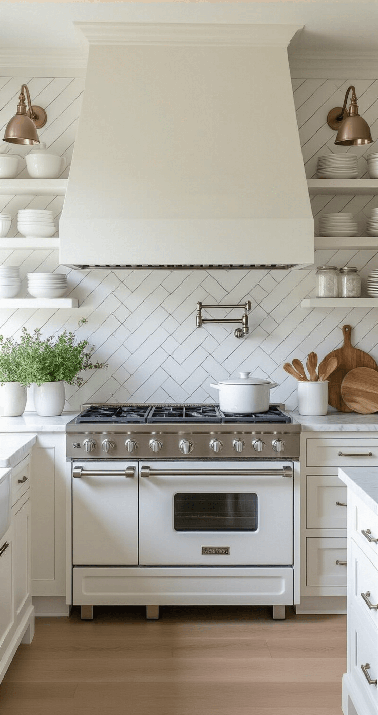 Professional-grade cooking zone with a matte white enamel range, herringbone marble backsplash, and open shelving displaying white pottery, bathed in soft afternoon light. Styled with coastal herbs and wooden cutting boards.