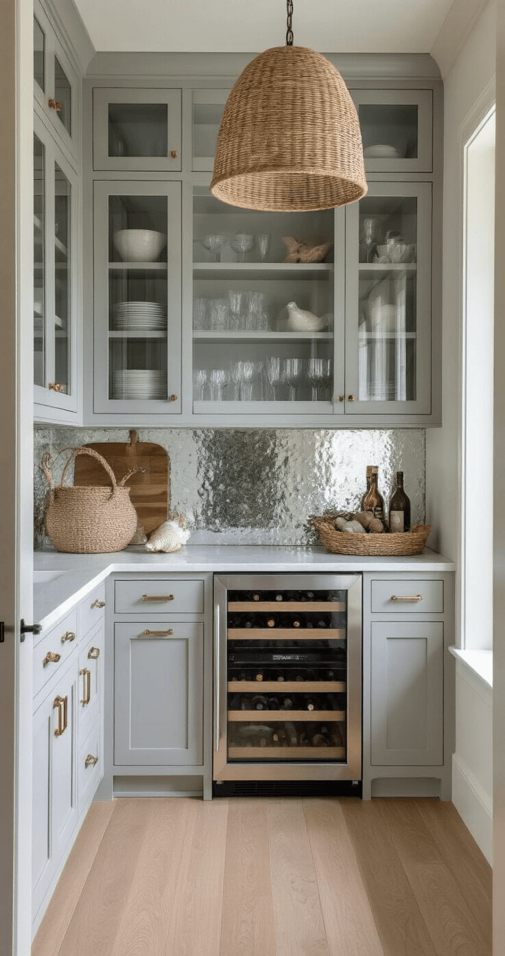 Butler's pantry with a 6x8ft galley layout in morning light, featuring floor-to-ceiling glass-front gray cabinets, white oak counters, an antique mirror backsplash, and a woven pendant light. Decorated with shells, twisted rope details, and vintage decanters in a color palette of fog gray, weathered white, aged brass, and deep navy.
