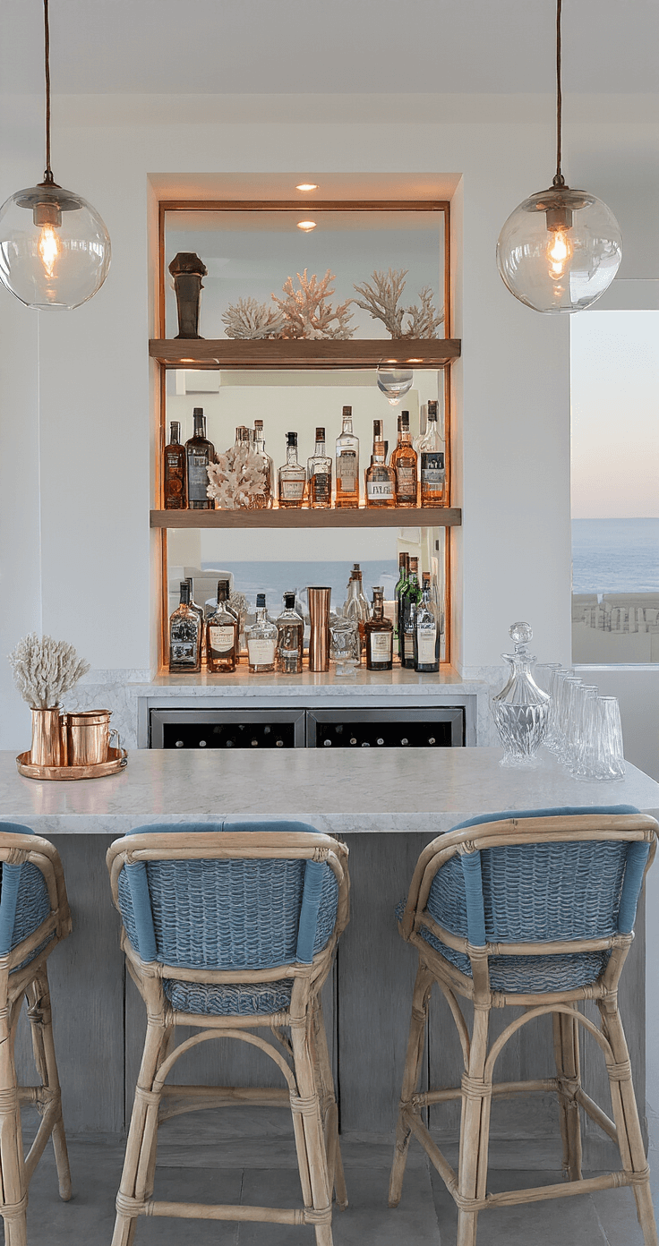 Contemporary coastal bar area at twilight with a seafoam swirl quartzite countertop, antiqued mirror floating shelves filled with artisanal spirits, stormy blue velvet rattan bar stools, and ambient glass globe pendant lighting, styled with copper bar tools and crystal decanters among preserved coral specimens.
