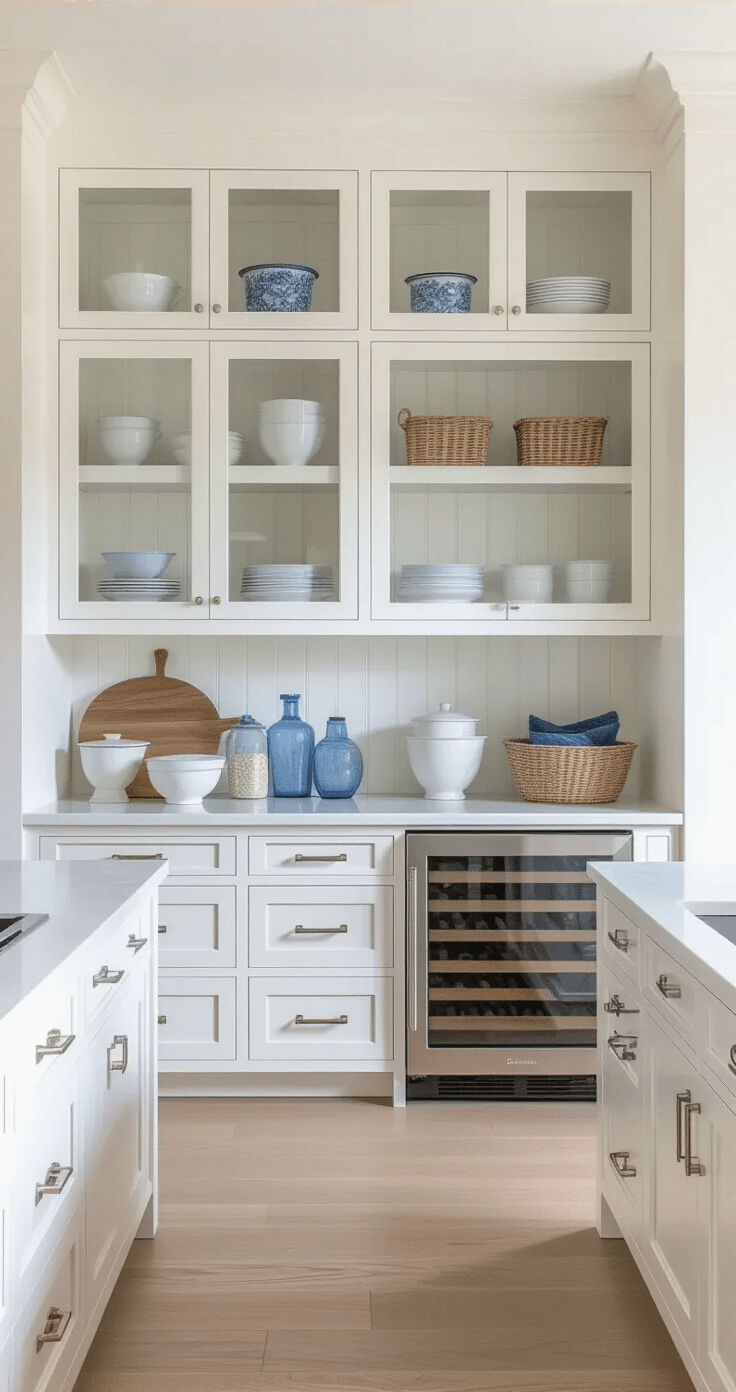 A spacious kitchen storage wall featuring floor-to-ceiling dove white cabinetry with reeded glass inserts, an appliance garage behind pocket doors, and open shelving showcasing coastal decor, all illuminated by soft afternoon light. The design incorporates polished nickel hardware and is styled with white ironstone, vintage blue glass, and natural baskets.