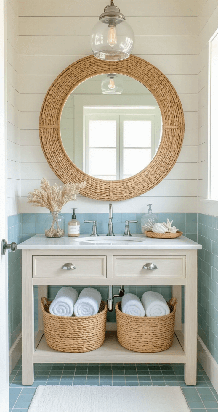 Creating a Light & Airy Coastal Bathroom: Your Ultimate Styling Guide Interior of a bright coastal bathroom with a whitewashed wood vanity and circular rattan-framed mirror, natural light streaming through a frosted window, pale blue penny tile floor, and a woven seagrass basket with rolled Turkish towels, accented by coral, driftwood, and sea glass decor.