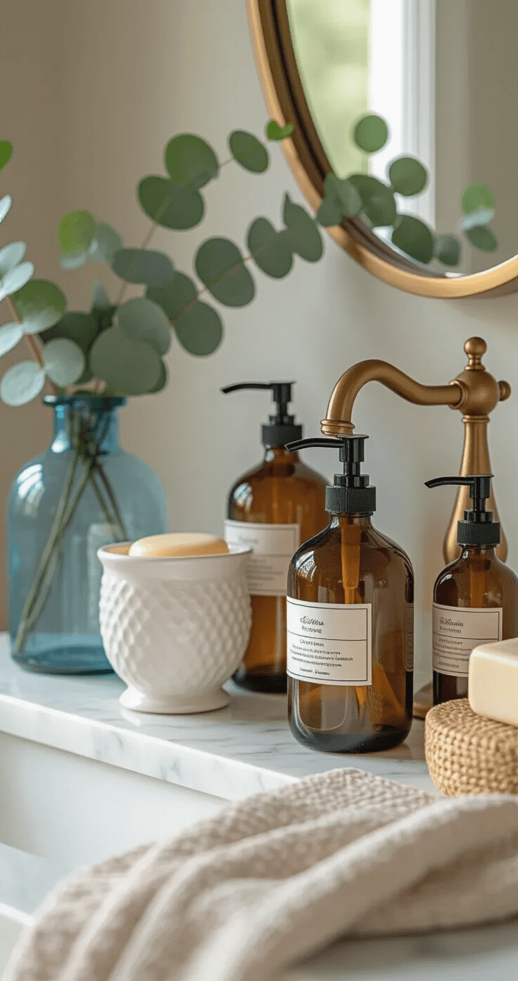 Creating a Light & Airy Coastal Bathroom: Your Ultimate Styling Guide Close-up of a coastal bathroom vanity featuring a white marble countertop, organized amber glass soap dispensers, a white ceramic vessel, and eucalyptus springs in a blue glass vase. A brass faucet catches morning light, and a textured linen hand towel is draped asymmetrically. The image is shot from a 45-degree angle with a shallow depth of field, capturing a warm glow.