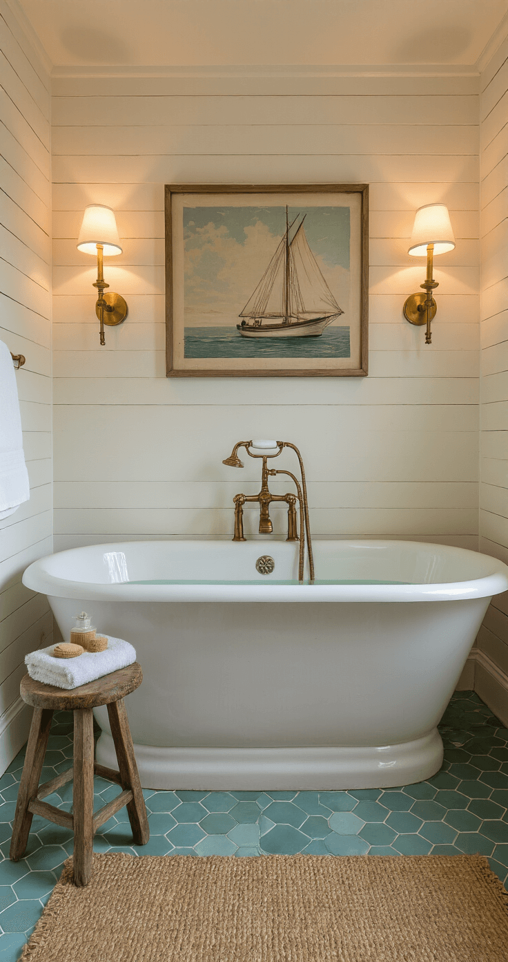 Creating a Light & Airy Coastal Bathroom: Your Ultimate Styling Guide A dramatic dusk bathroom featuring a freestanding clawfoot tub under warm light from antiqued brass sconces, with creamy white shiplap walls and vintage sailboat art overhead, a jute rug over seafoam green hexagon floor tiles, and a weathered wooden stool with bath essentials, captured from a corner at eye level.