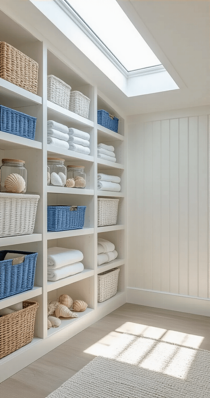 Creating a Light & Airy Coastal Bathroom: Your Ultimate Styling Guide Brightly lit bathroom featuring floor-to-ceiling white built-in shelving with beadboard backing, styled with blue and natural storage baskets, folded linens, and coastal decor, including glass canisters filled with shells and sea sponges, enhanced by natural light from a skylight that casts dramatic shadows, captured in high detail.