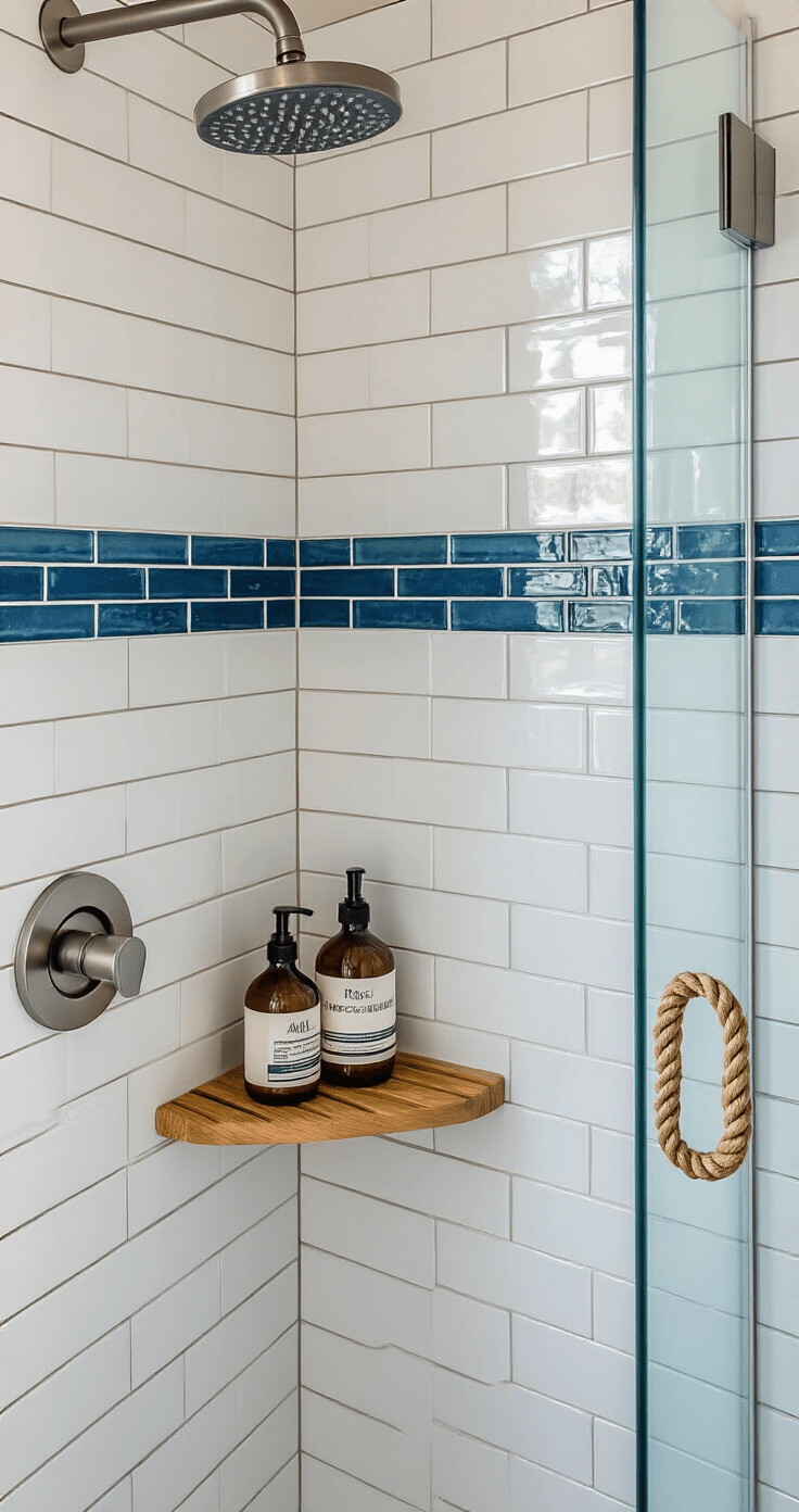 Creating a Light & Airy Coastal Bathroom: Your Ultimate Styling Guide Detail shot of a shower space showcasing white subway tile with a blue glass accent strip, polished nickel rainfall showerhead, teak wood corner caddy with bath products, and a glass door featuring a nautical rope handle, illuminated by afternoon light with macro focus on the tile texture.