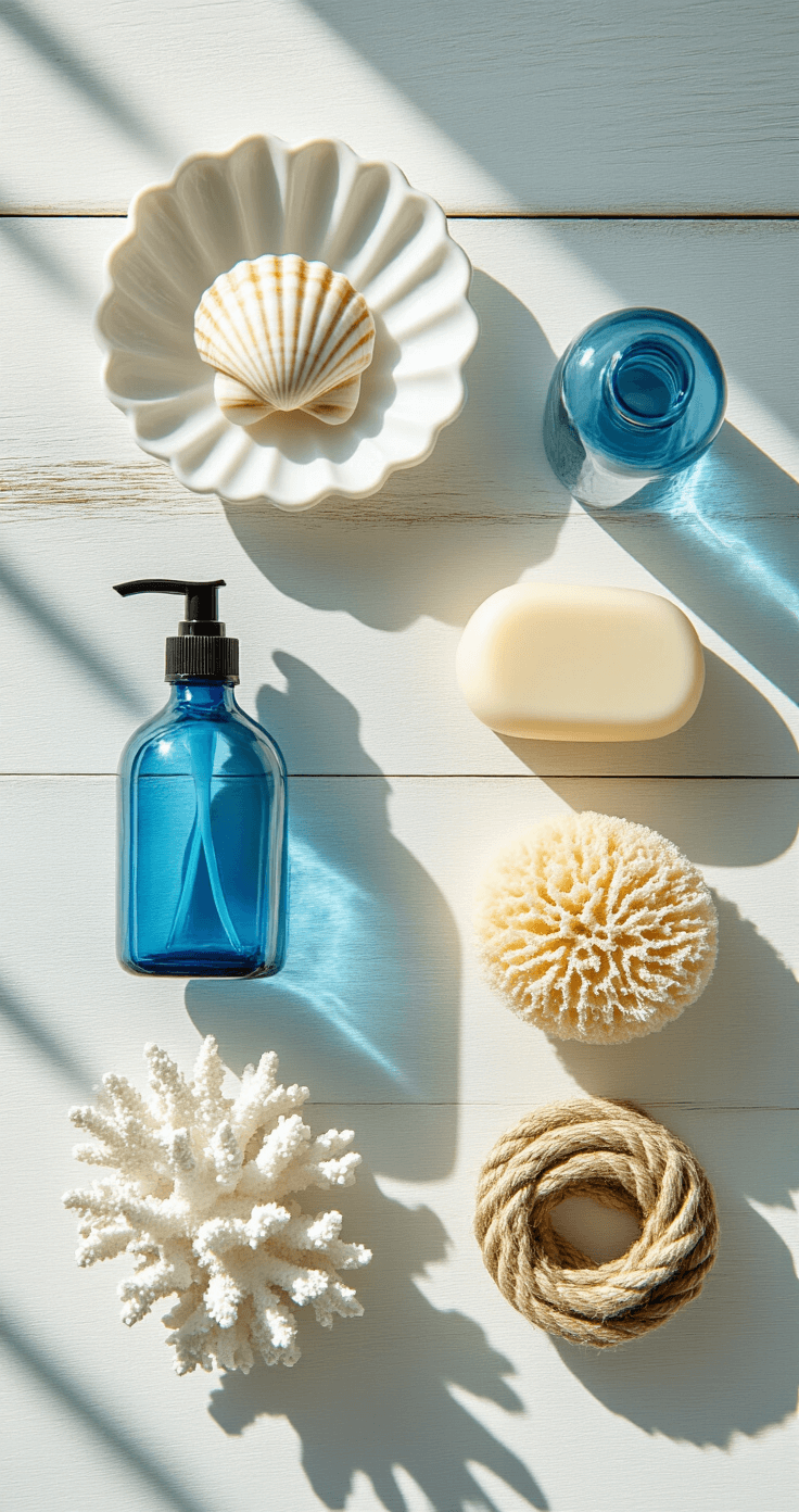 Creating a Light & Airy Coastal Bathroom: Your Ultimate Styling Guide Overhead view of coastal bathroom essentials on a whitewashed wooden surface, featuring a shell-shaped soap dish, blue glass bottles, a natural sponge, a white coral specimen, and twisted rope, with morning light casting long shadows.