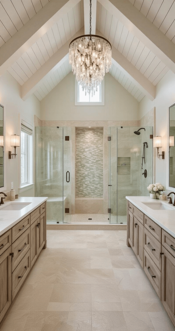 Coastal Bathroom Tile: Transform Your Space into a Serene Seaside Retreat Luxurious master bathroom retreat with double-height vaulted ceiling, exposed white beams, soft beige marble-look porcelain tiles, oversized walk-in shower with glass enclosure and mother-of-pearl mosaic, his-and-hers driftwood finish vanities with white quartz tops, and chandelier with cascading glass drops, all bathed in soft, diffused lighting.