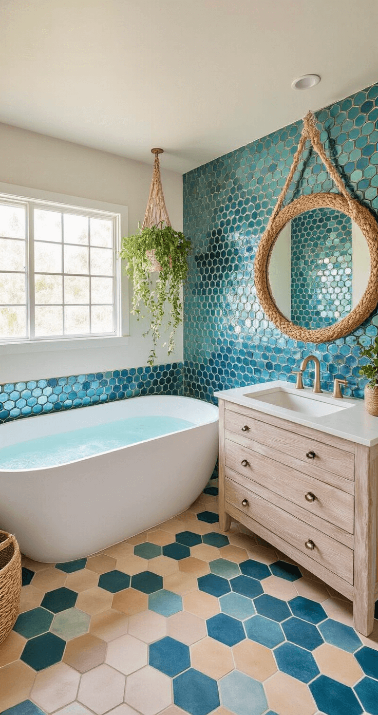 Coastal Bathroom Tile: Transform Your Space into a Serene Seaside Retreat A corner spa bathroom featuring hexagonal gradient floor tiles in ocean blue to sandy beige, a diagonal matte white freestanding soaking tub, an iridescent glass tile feature wall, a whitewashed wood vanity with a rope-wrapped mirror, and a macramé plant hanger with greenery, all illuminated by natural and warm artificial light.