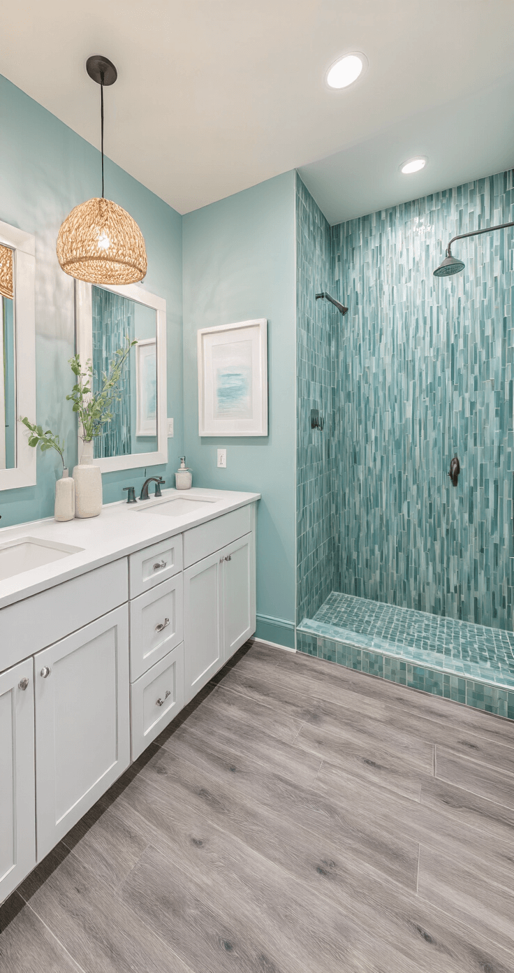 Coastal Bathroom Tile: Transform Your Space into a Serene Seaside Retreat Family bathroom featuring soft aqua vertical stacked bond tiles creating a waterfall effect behind twin vanities, with wood-look porcelain floor tiles in weathered gray running diagonally. The large walk-in shower has a pebble-textured accent wall in blue and green shades. Decor includes white-framed coastal artwork and a woven pendant light. The image is captured from the doorway with bright, even lighting, showcasing a fresh, family-friendly coastal vibe.