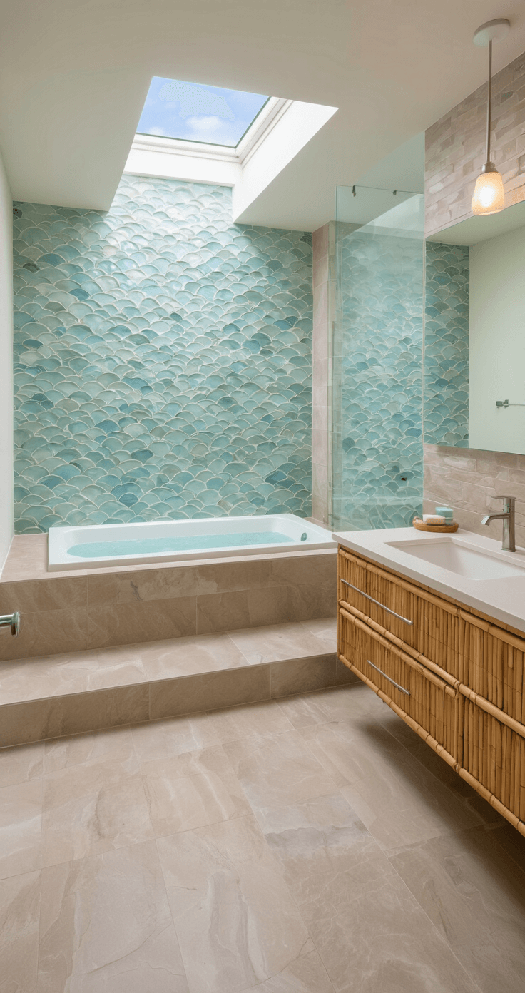 Coastal Bathroom Tile: Transform Your Space into a Serene Seaside Retreat Zen-inspired master bath with sandy taupe porcelain tiles, glass mosaic accent wall, floating bamboo vanity, quartz countertop, skylights, and soft lighting, featuring a minimalist coastal Japanese aesthetic.