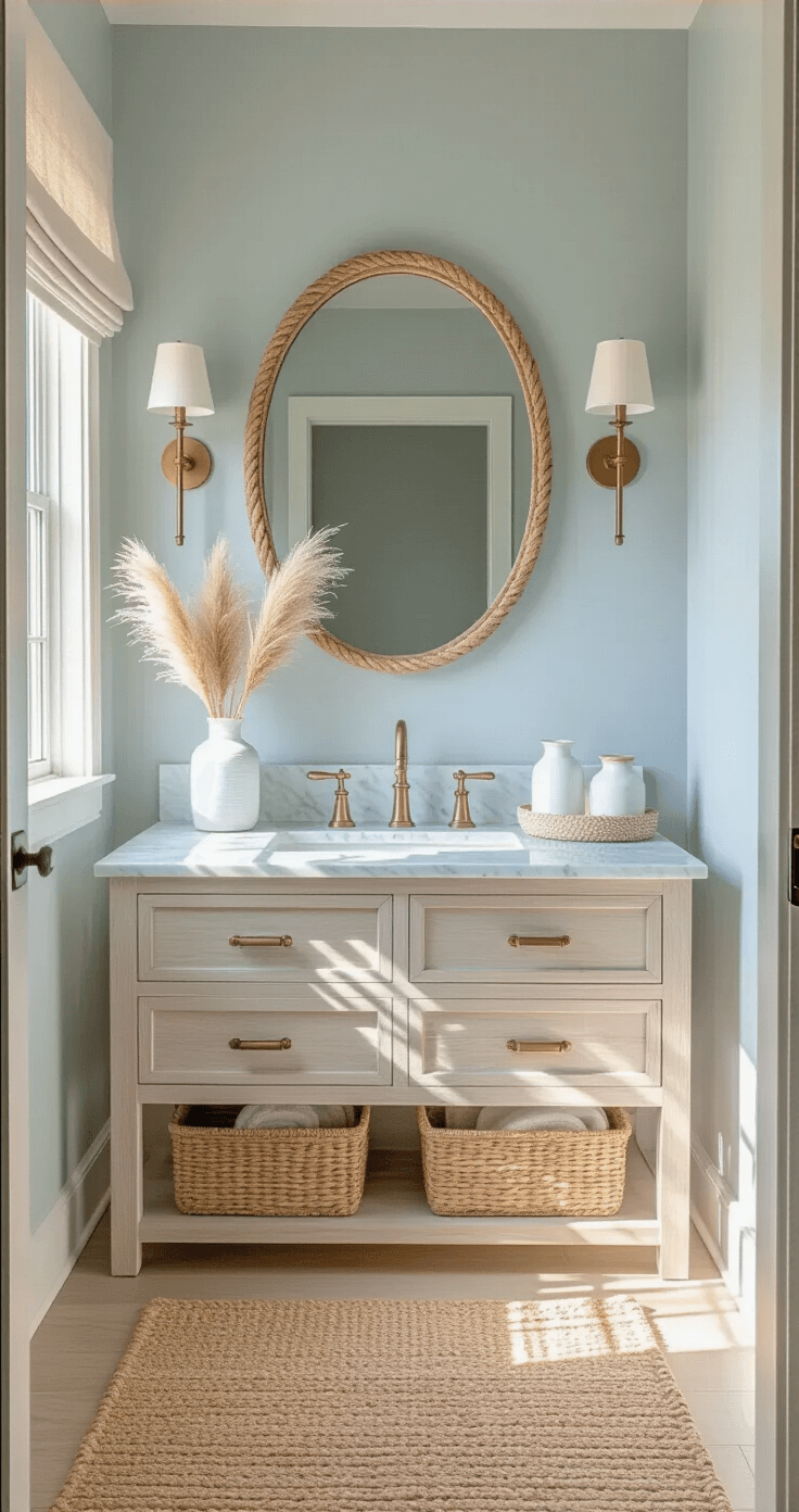 Coastal Bathroom Decor: Your Ultimate Guide to Serene Seaside Style Sun-drenched master bathroom featuring a weathered white oak double vanity with Carrara marble top, pale blue-gray walls, and natural light filtering through a linen roman shade, highlighting brass sconces and a textured jute rug on bleached oak flooring.