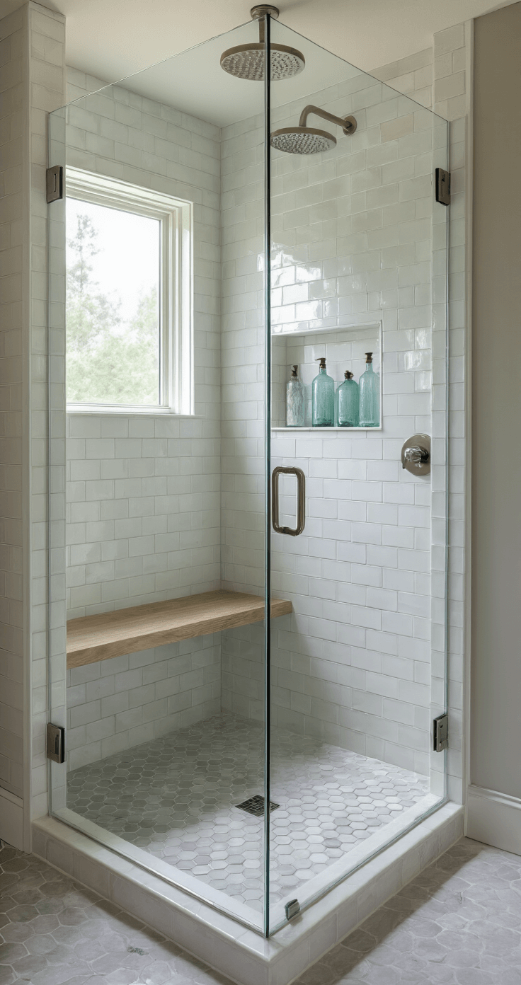 Coastal Bathroom Decor: Your Ultimate Guide to Serene Seaside Style A serene corner view of a walk-in shower featuring white subway tiles, hexagonal Carrara marble floor tiles, a driftwood-toned bench, and polished nickel fixtures, illuminated by diffused morning light with soft steam effects.