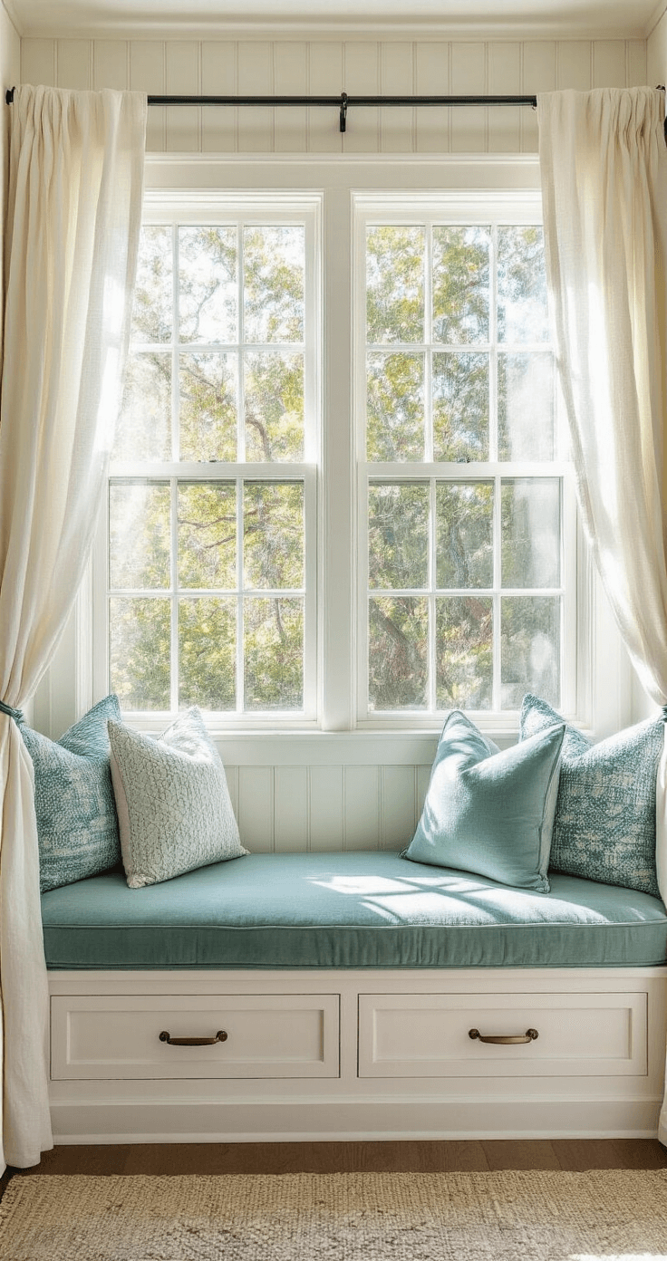 Coastal Bathroom Decor: Your Ultimate Guide to Serene Seaside Style Cozy coastal window nook featuring a 4x4ft seat with seafoam green performance velvet cushions, layered blue and white throw pillows, sheer linen curtains, built-in storage drawers, and a vintage glass float on the windowsill, all illuminated by warm afternoon light.